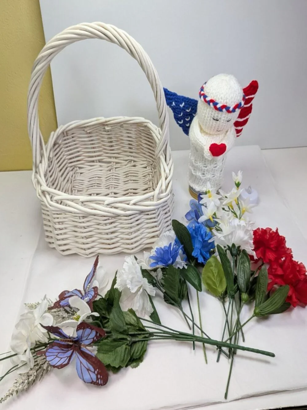 Handmade Patriotic Crochet Angel Basket Lighted Mason Jar Memorial Home Nursery